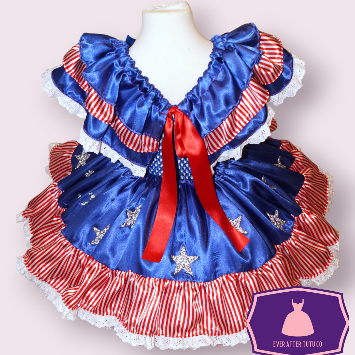 USA American States Flag Patriotic Tutu Dress 4th July Independence Day Celebration Party Red White Blue Satin Ball Gown Pageant Costume