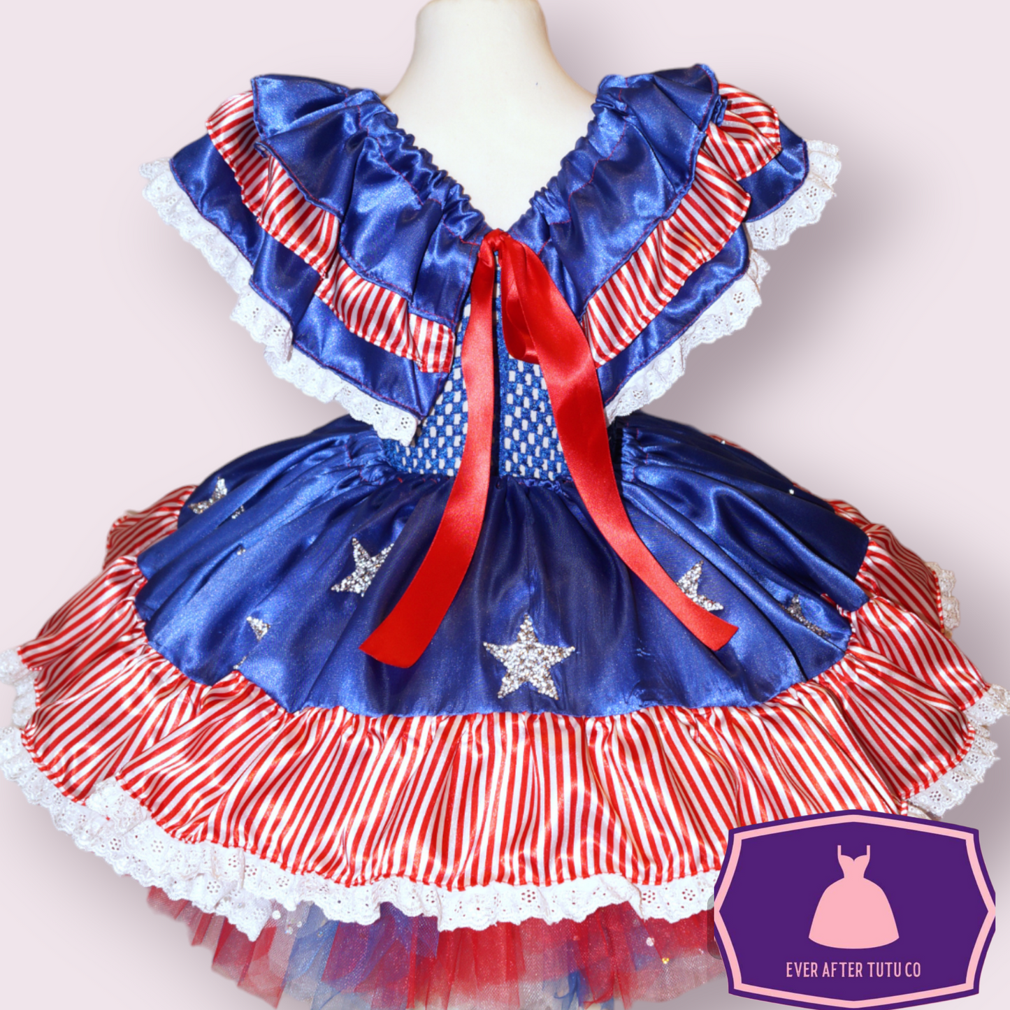 USA American States Flag Patriotic Tutu Dress 4th July Independence Day Celebration Party Red White Blue Satin Ball Gown Pageant Costume