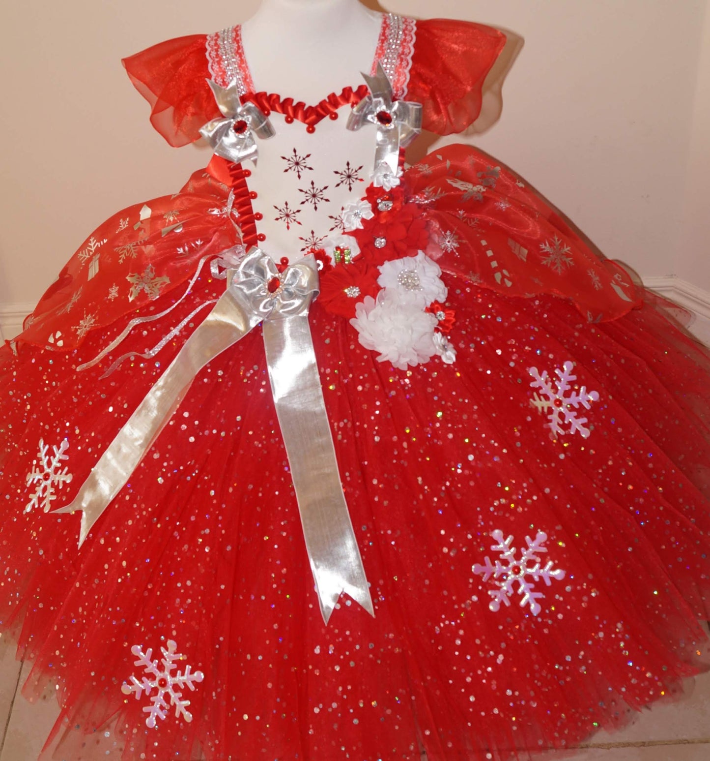 Christmas Red and Silver Snowflake Tutu Dress