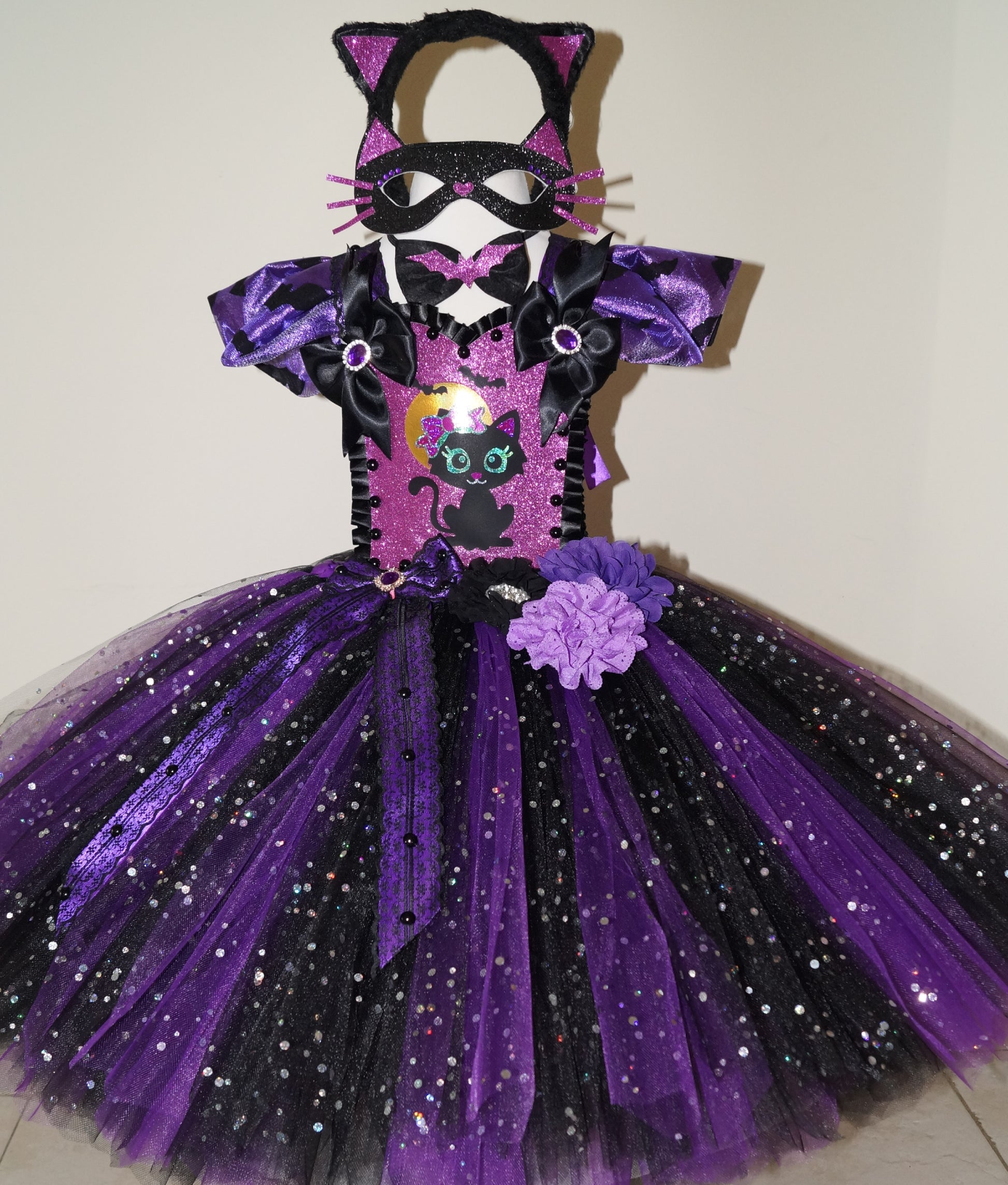 black and purple tutu dress Hileelang big Girl Hallowen 2-8years old Dress Novelty Long Sleeve Black Cat Applique Purple Tulle Tutu Outfits With Witch Hat 8T, Girl's