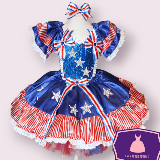 USA American States Flag Patriotic Tutu Dress 4th July Independence Day Celebration Party Red White Blue Satin Ball Gown Pageant Costume